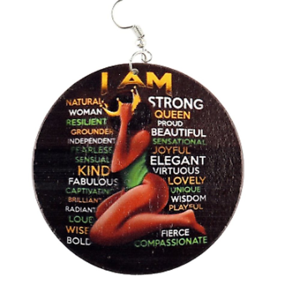 Black Queen Round Wooden Earrings Afrocentric Jewelry Double Side Print